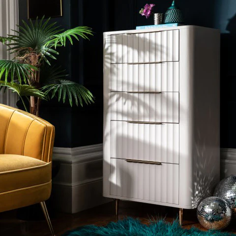 Saskia 5 Drawer Cabinet - 5 Drawer Tall Chest Soft Grey Painted / Brass - Image 2