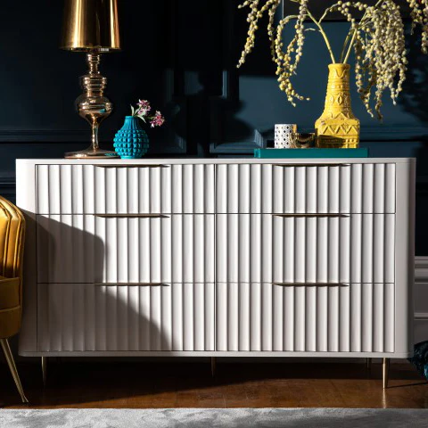 Saskia 6 Drawer Cabinet - 6 Drawer Wide Chest Soft Grey Painted / Brass - Image 2