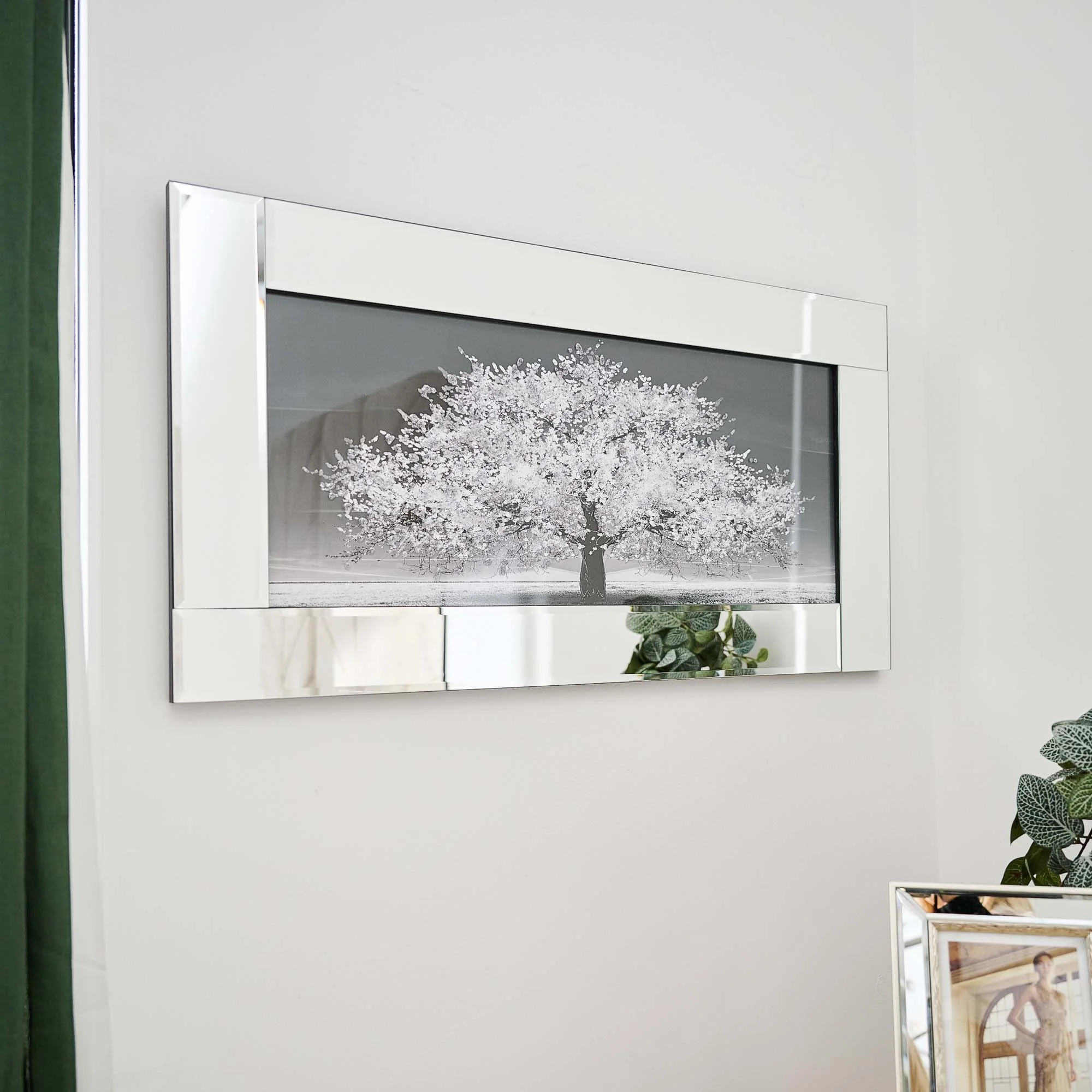 Silver Tree With Mirrored Frame Liquid Art - DISC Silver Tree 70x30 Mirrored Frame Liquid Art