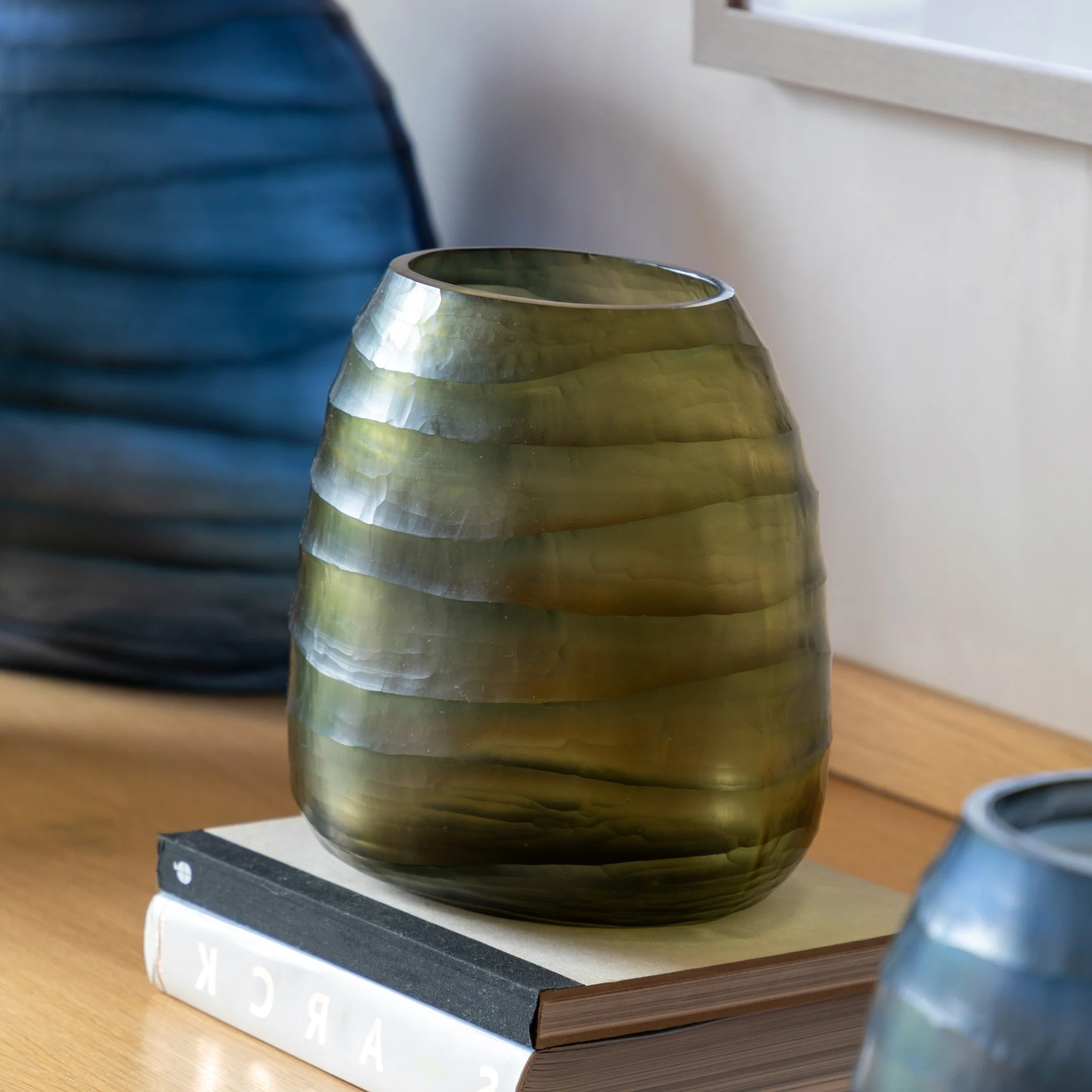 Sintra Handblown Glass Vase Green Small - Sintra Handblown Carved Glass Vase Olive Small
