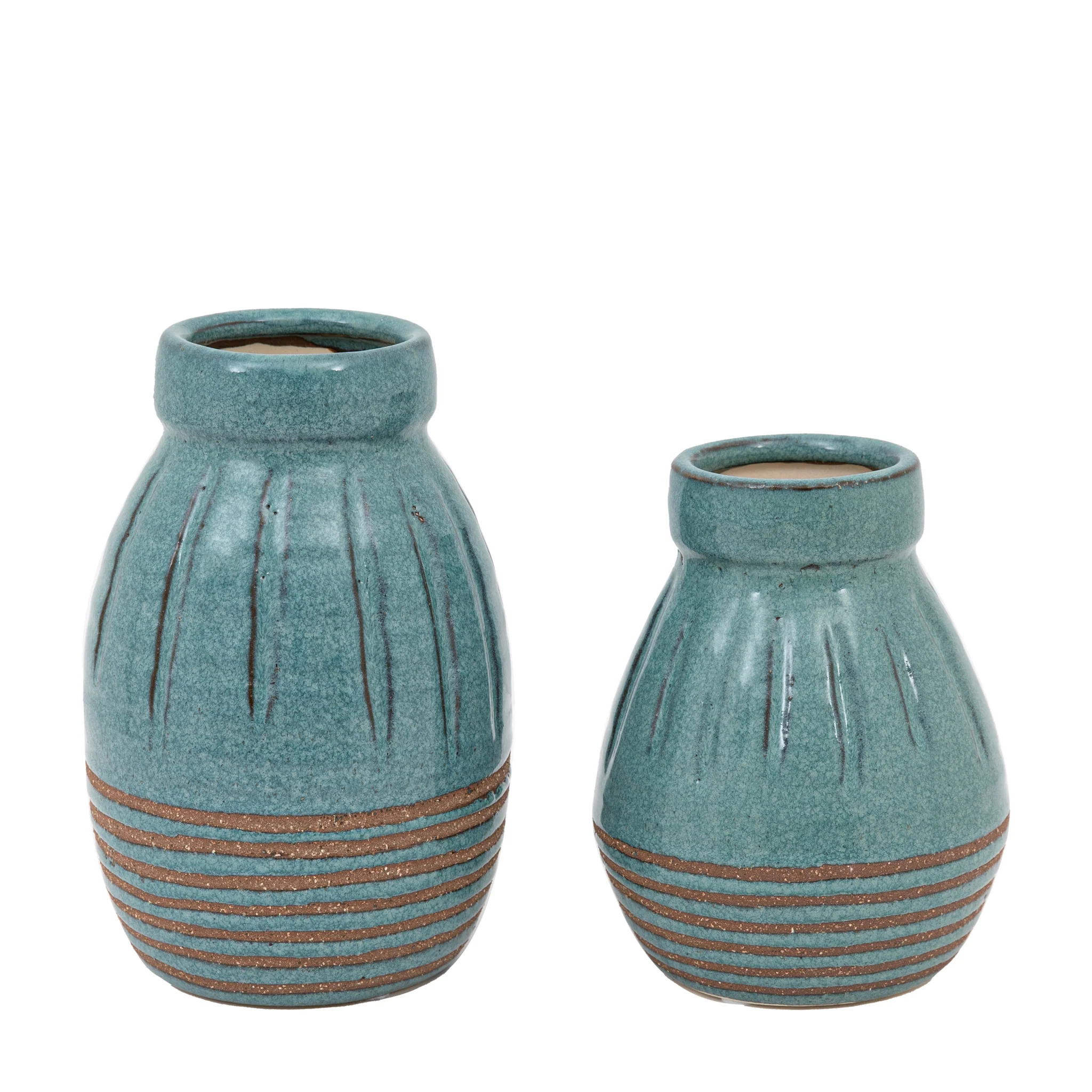 Southwold Ribbed Blue Vase Set Of 2 - DHD Southwold Ribbed Ceramic Vase Teal 2Pk