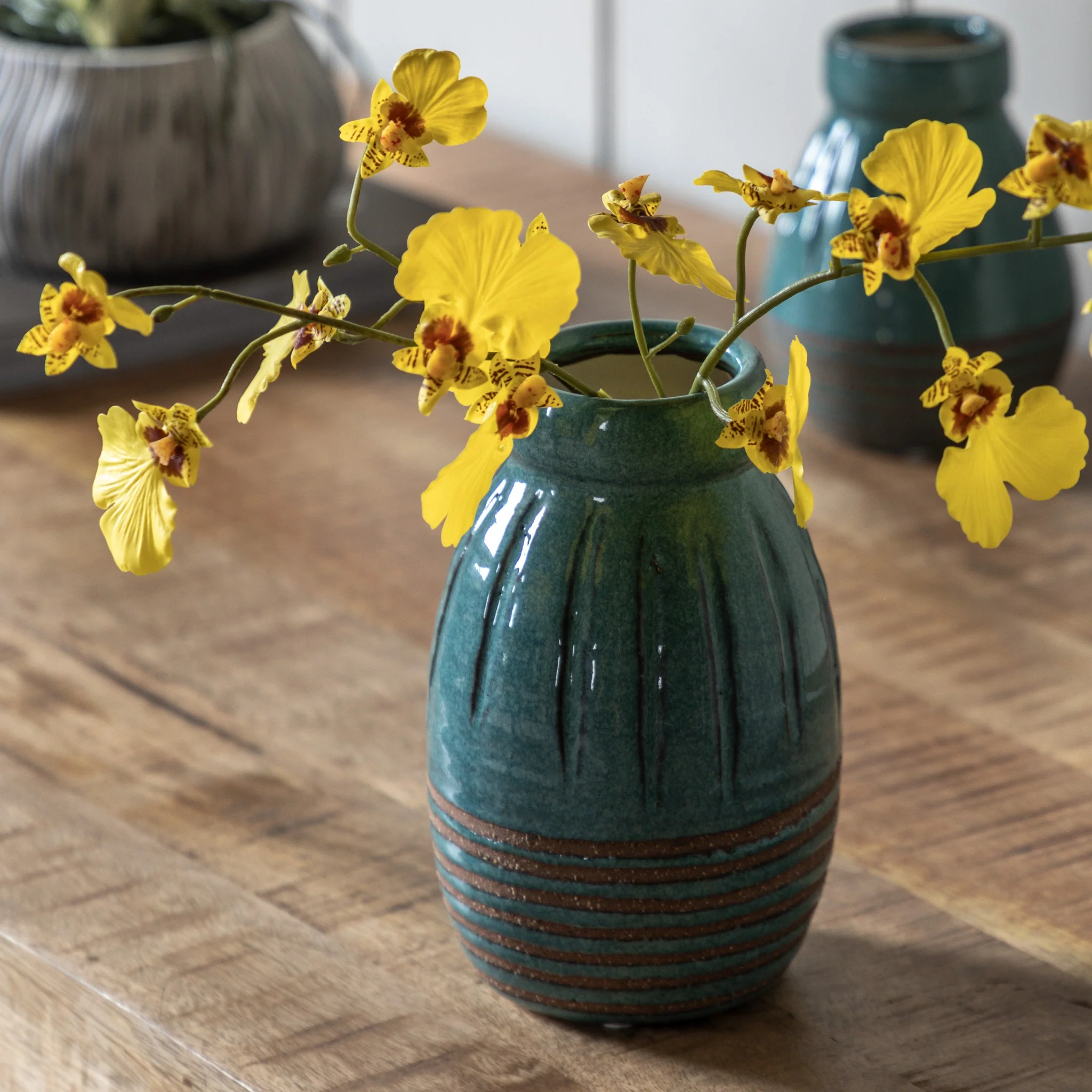 Southwold Ribbed Blue Vase Set Of 2 - DHD Southwold Ribbed Ceramic Vase Teal 2Pk - Image 3