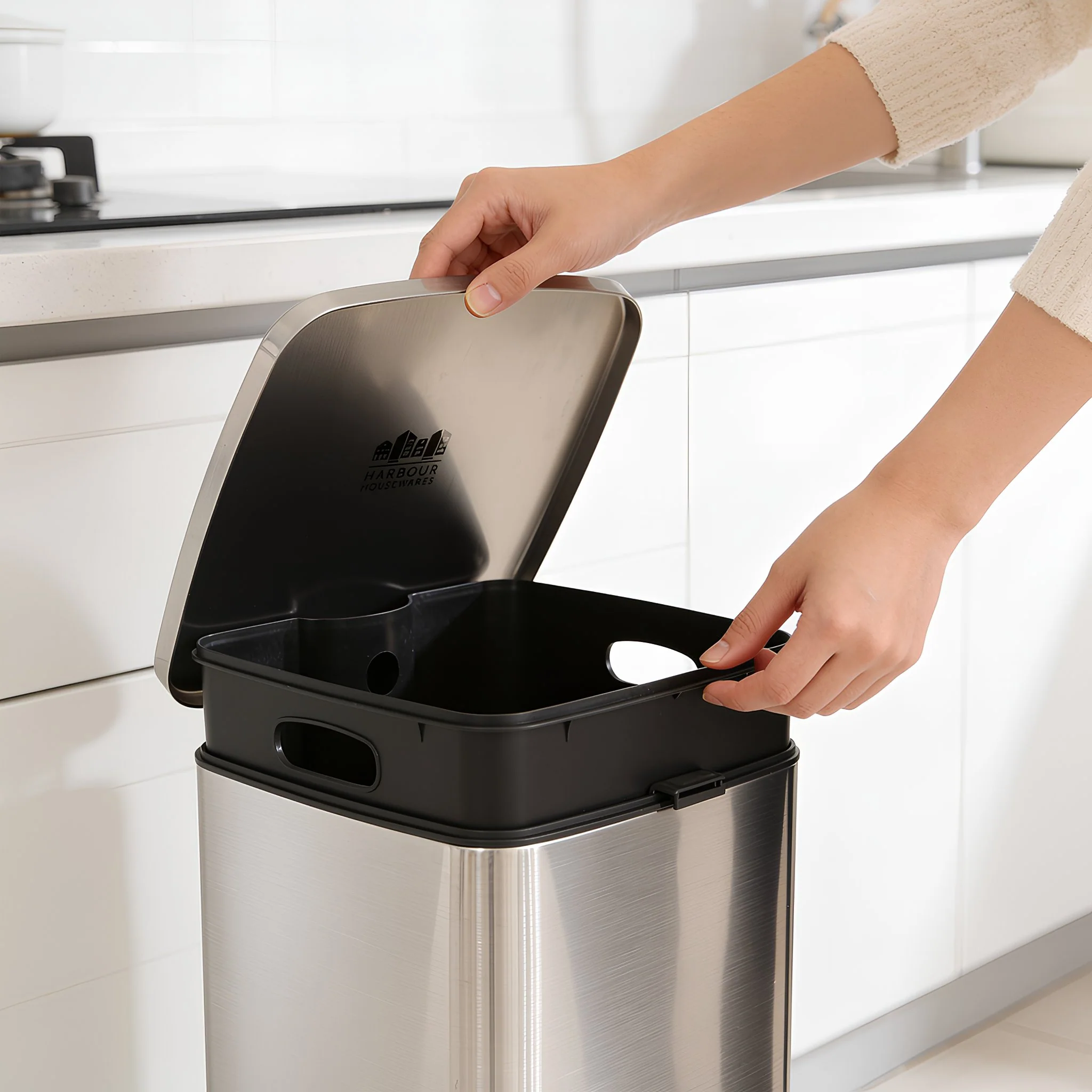 Square Stainless Steel Kitchen Bin - Square Pedal Bin Brushed SS 30L - Image 2