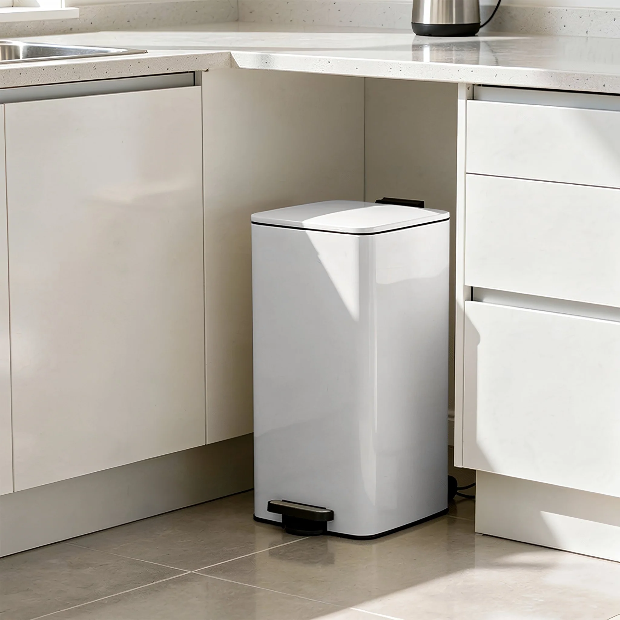 Square Stainless Steel Kitchen Pedal Bn - Square Pedal Bin White 30L
