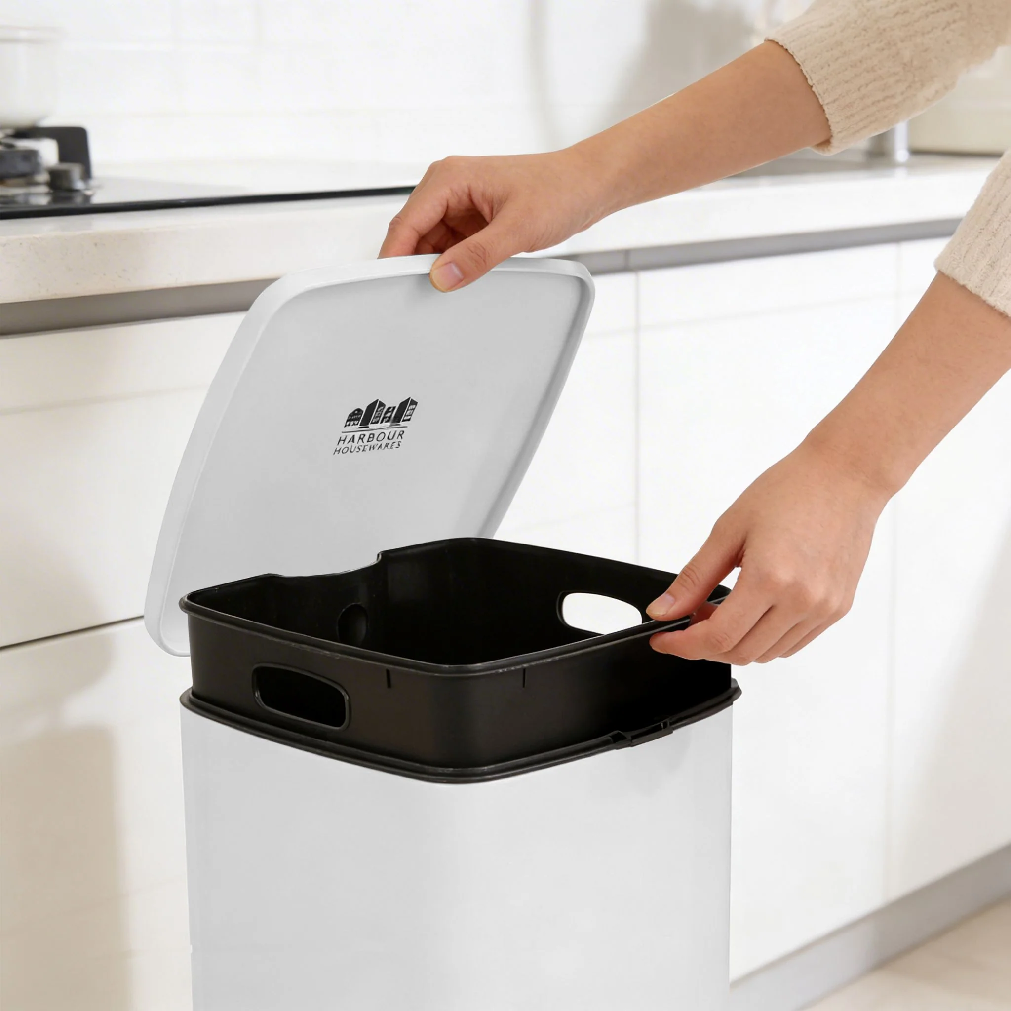 Square Stainless Steel Kitchen Pedal Bn - Square Pedal Bin White 30L - Image 2