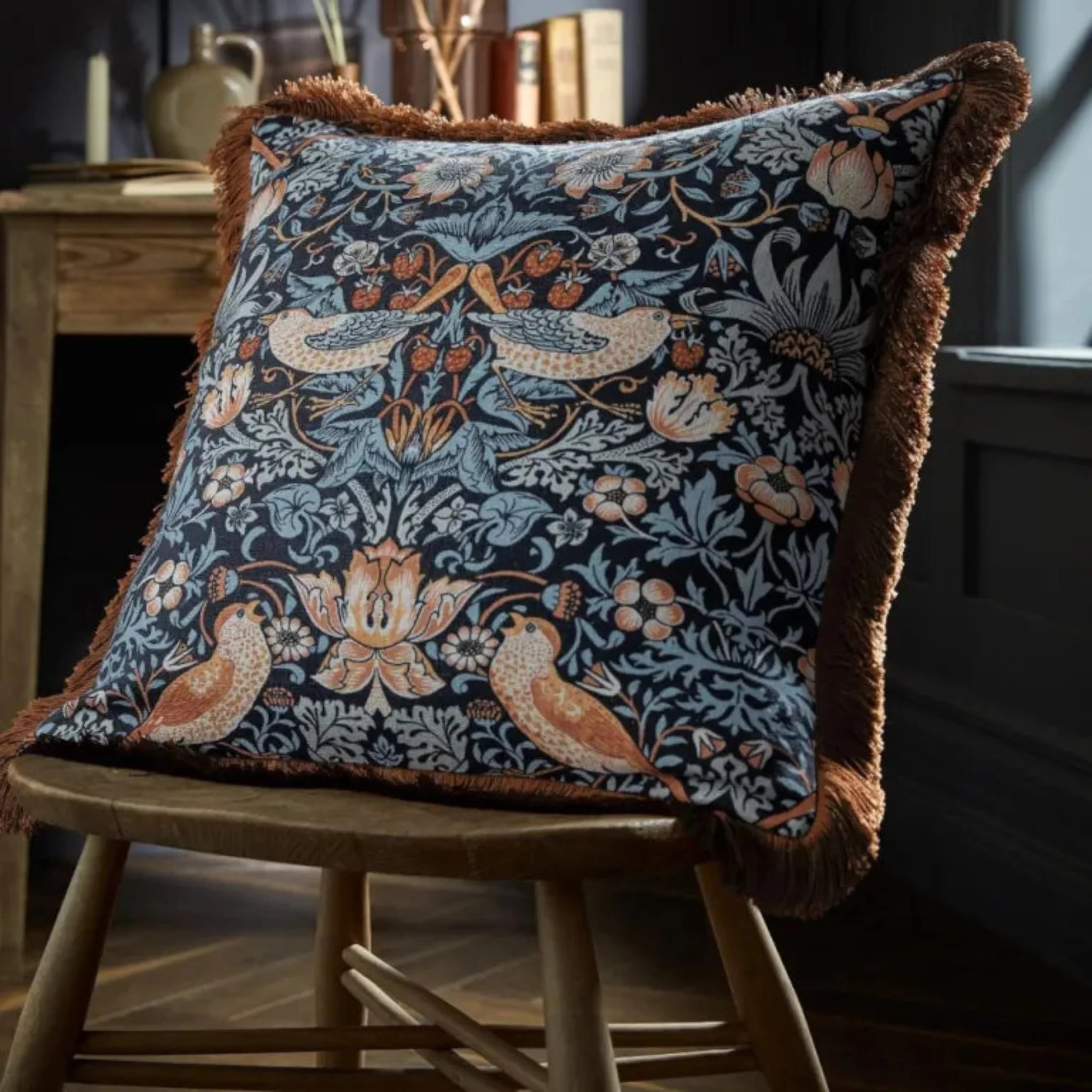 William Morris At Home Strawberry Thief Blue Square Cushion - Strawberry Thief Blue 50X50CM Cushion