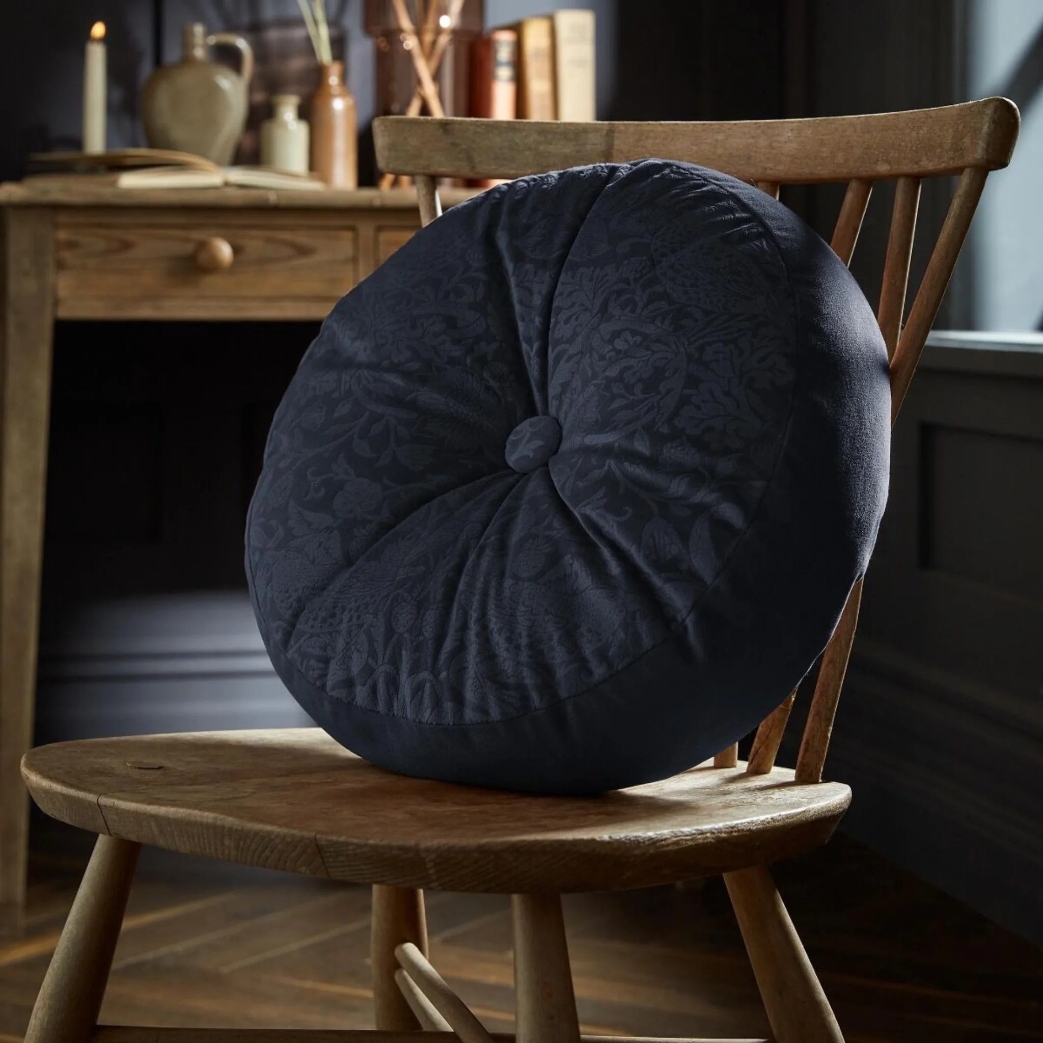William Morris At Home Strawberry Thief Blue Round Cushion - Strawberry Thief Round Cushion Prussian Blue