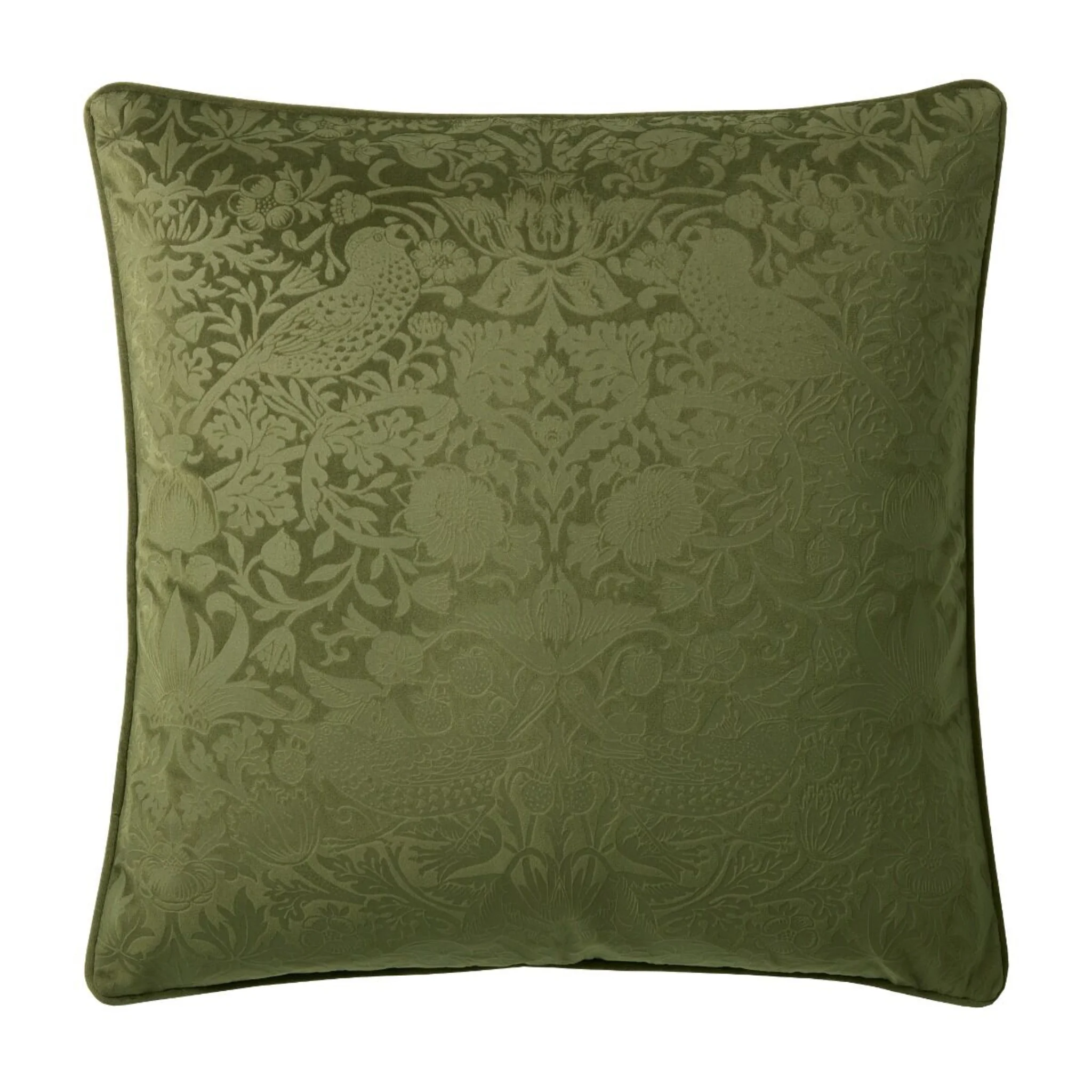 William Morris At Home Strawberry Thief Green Square Cushion - Strawberry Thief 50CM Cushion Olive