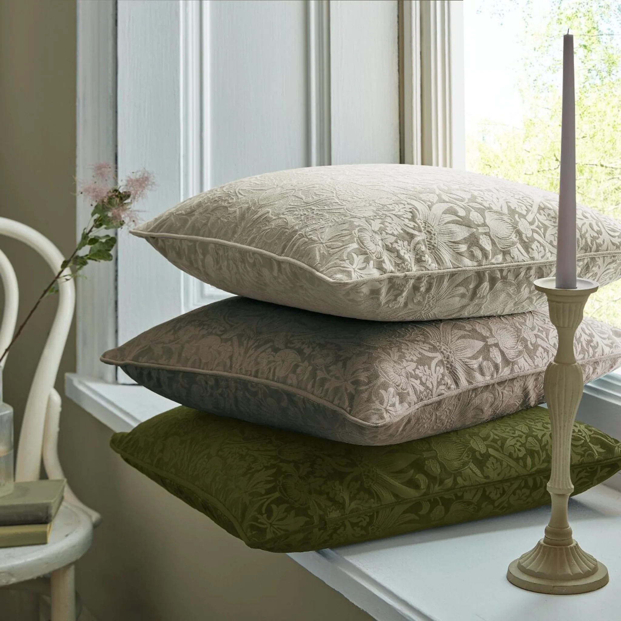 William Morris At Home Strawberry Thief Grey Square Cushion - Strawberry Thief 50CM Cushion Oyster