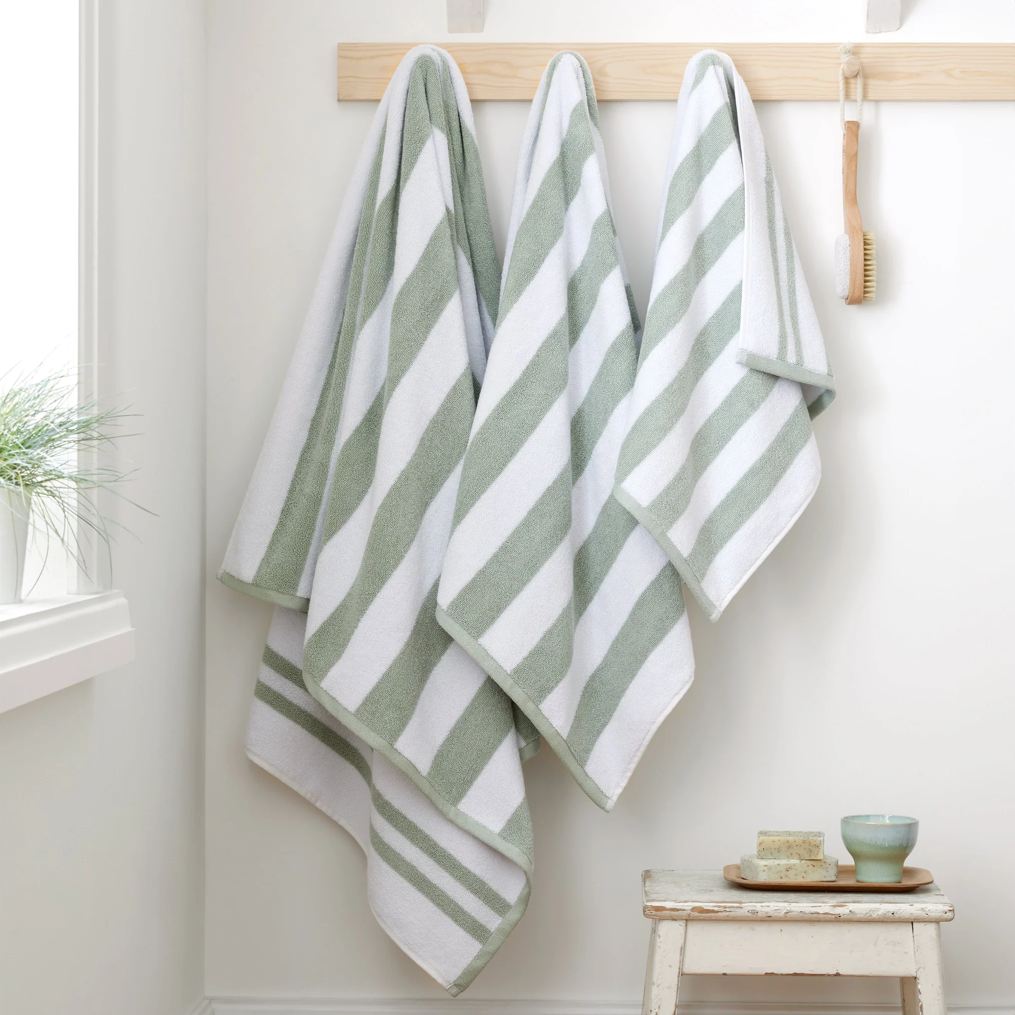 Bianca Stripe Towel Green - Stripe Bath Sheet Sage