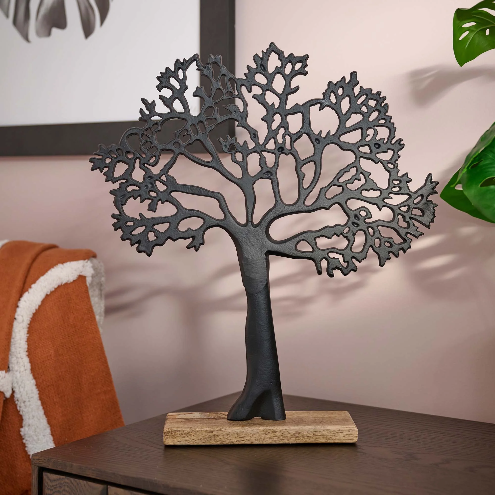 Tree On Wooden Base Black - Tree On Wooden Base 42CM Black
