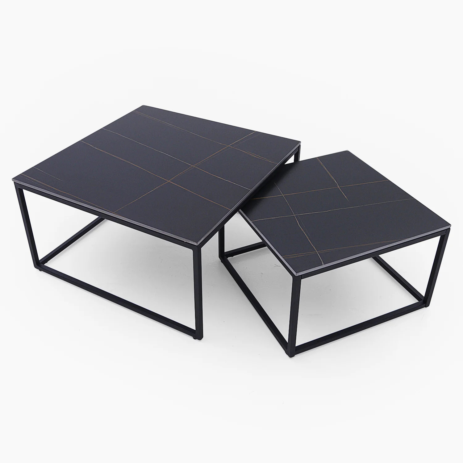 Tyler Black Ceramic Nest of 2 Coffee Tables - Square Coffee Nest of 2 Tables Black Ceramic Top / Black Powder Coated Metal Legs - Image 2