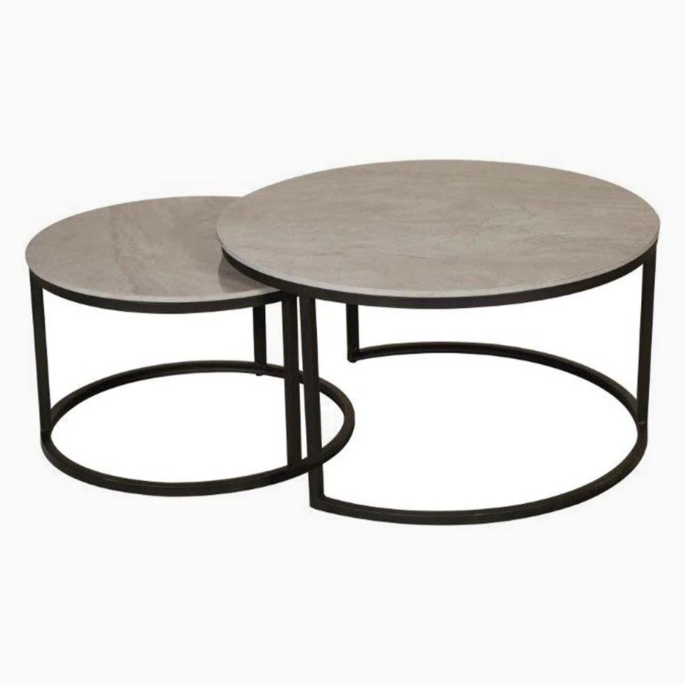 Yale Round Nest of Coffee Tables - Round Coffee Table Nest of 2 Tables Latte Tones (Buwen) Matt Ceramic / Warm Brown Metal Frame